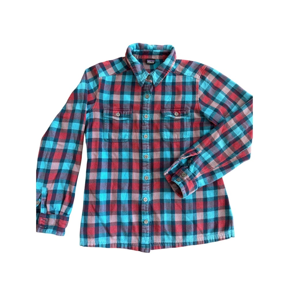 Patagonia Women Teal Red Plaid Organic Cotton Flannel Button Down Shirt Regular
